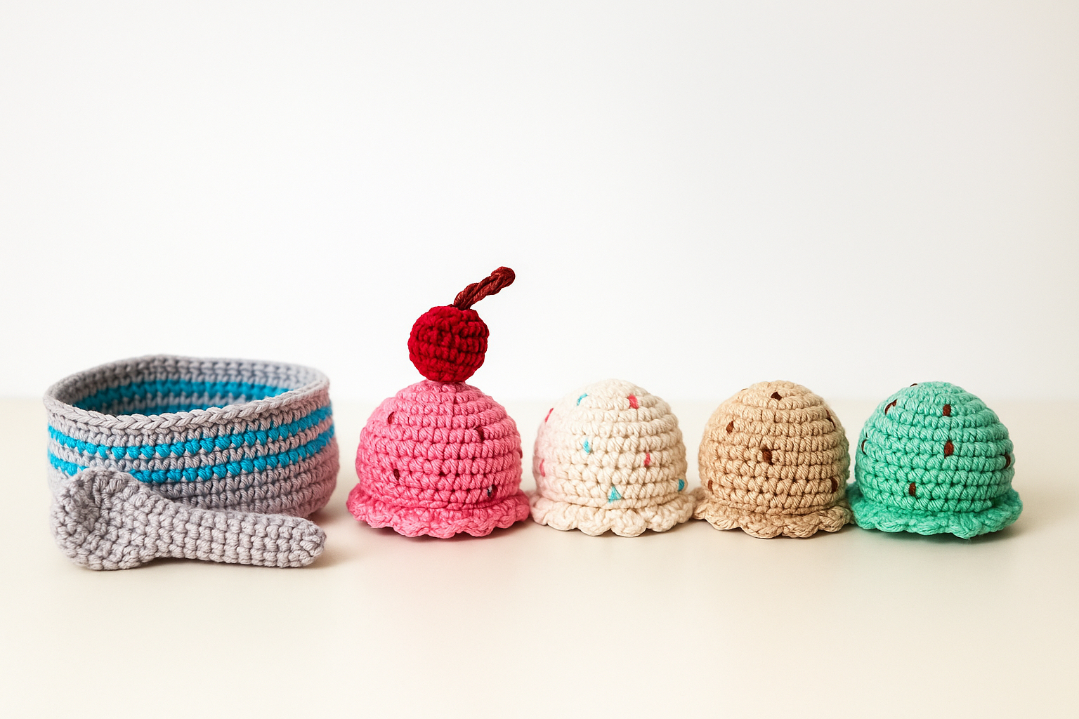 kids crochet play food sundae set - strawberry, vanilla, mint and chocolate ice cream scoop with spoon and bowl