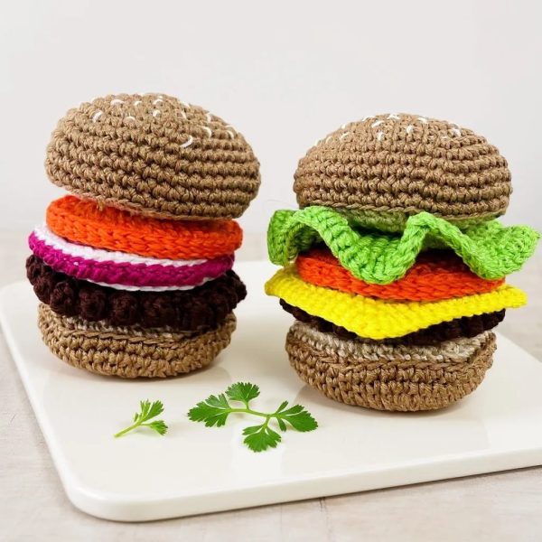 kids crochet play food burger stacker - burger buns, patties, cheese, tomato slice, lettuce, onion