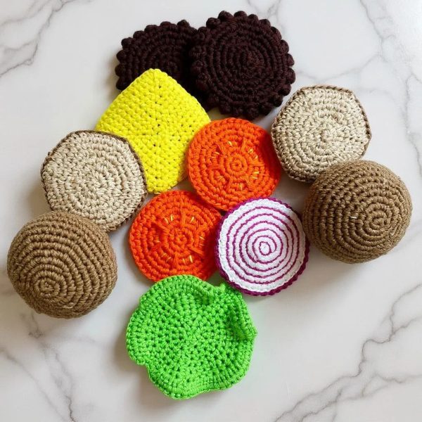 kids crochet play food burger stacker - burger buns, patties, cheese, tomato slice, lettuce, onion