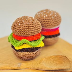 kids crochet play food burger stacker - burger buns, patties, cheese, tomato slice, lettuce, onion
