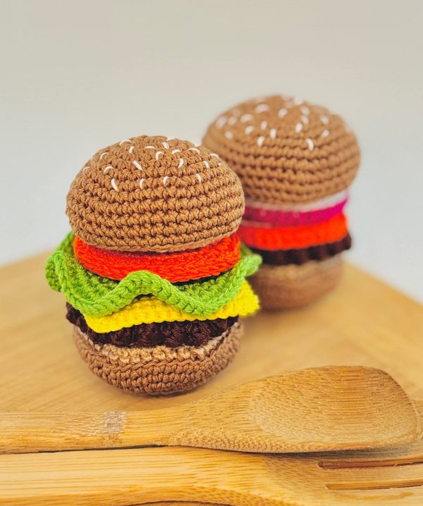 kids crochet play food burger stacker - burger buns, patties, cheese, tomato slice, lettuce, onion
