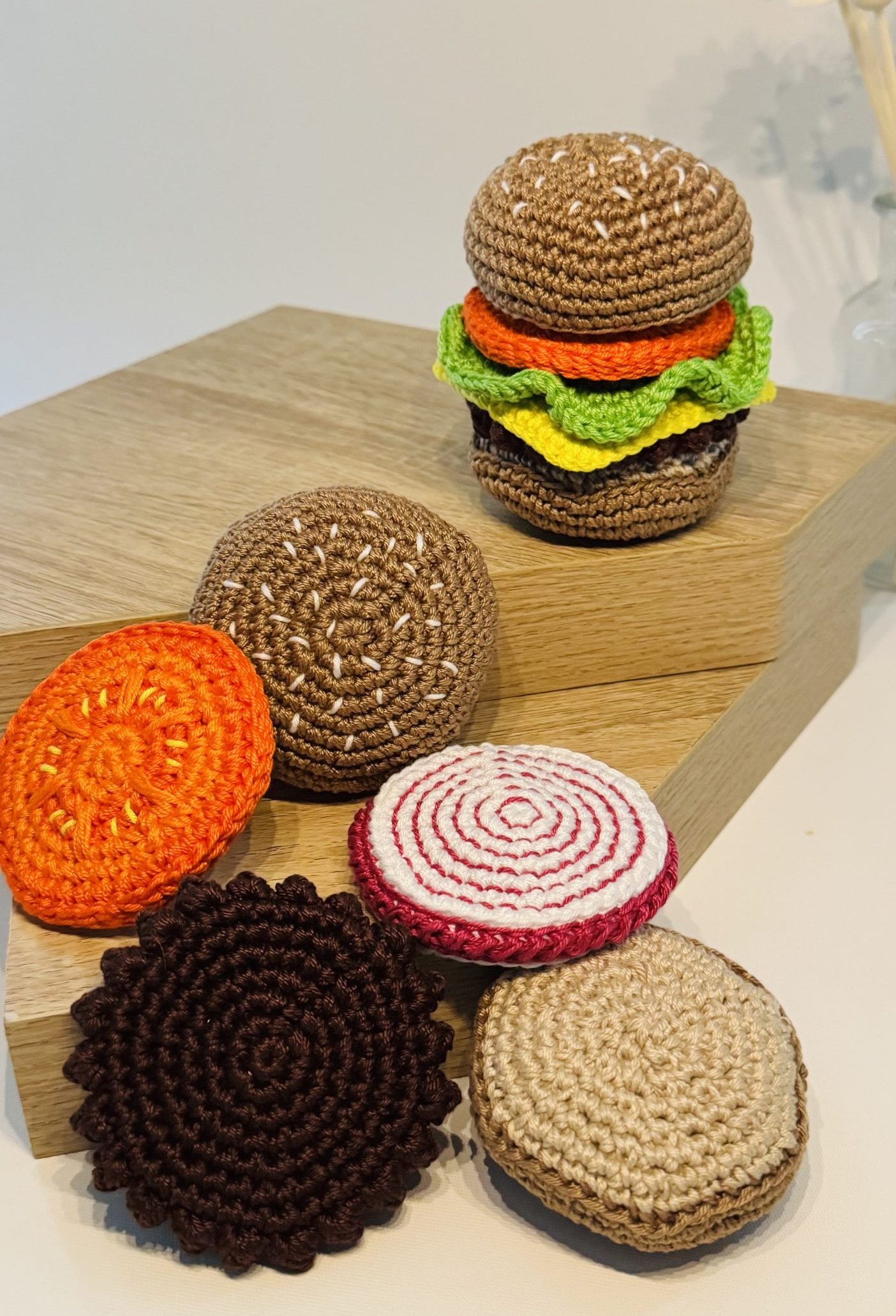 kids crochet play food burger stacker - burger buns, patties, cheese, tomato slice, lettuce, onion