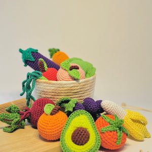 kids crochet play food fruits and veggies - eggplant, tomato, cabbage, carrot, beetroot, spring onion, banana, apple, orange, peach, avocado, grapes
