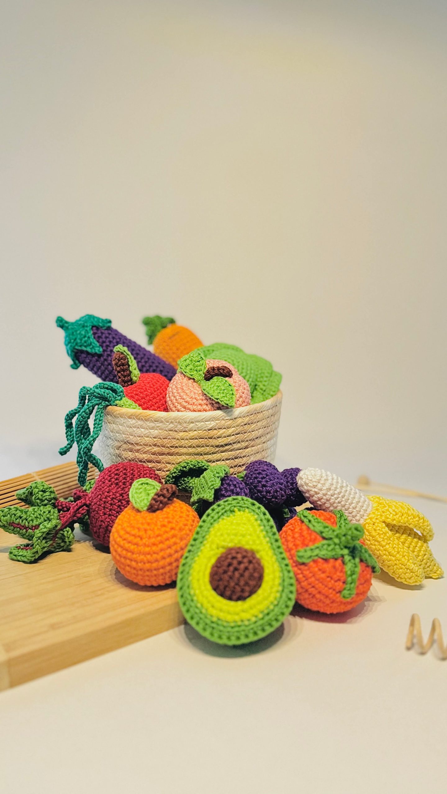 kids crochet play food fruits and veggies - eggplant, tomato, cabbage, carrot, beetroot, spring onion, banana, apple, orange, peach, avocado, grapes