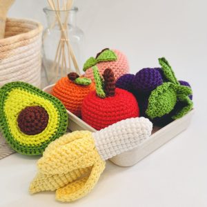 kids crochet play food juicy fruits - apple, orange, peach, avocado, grapes, banana