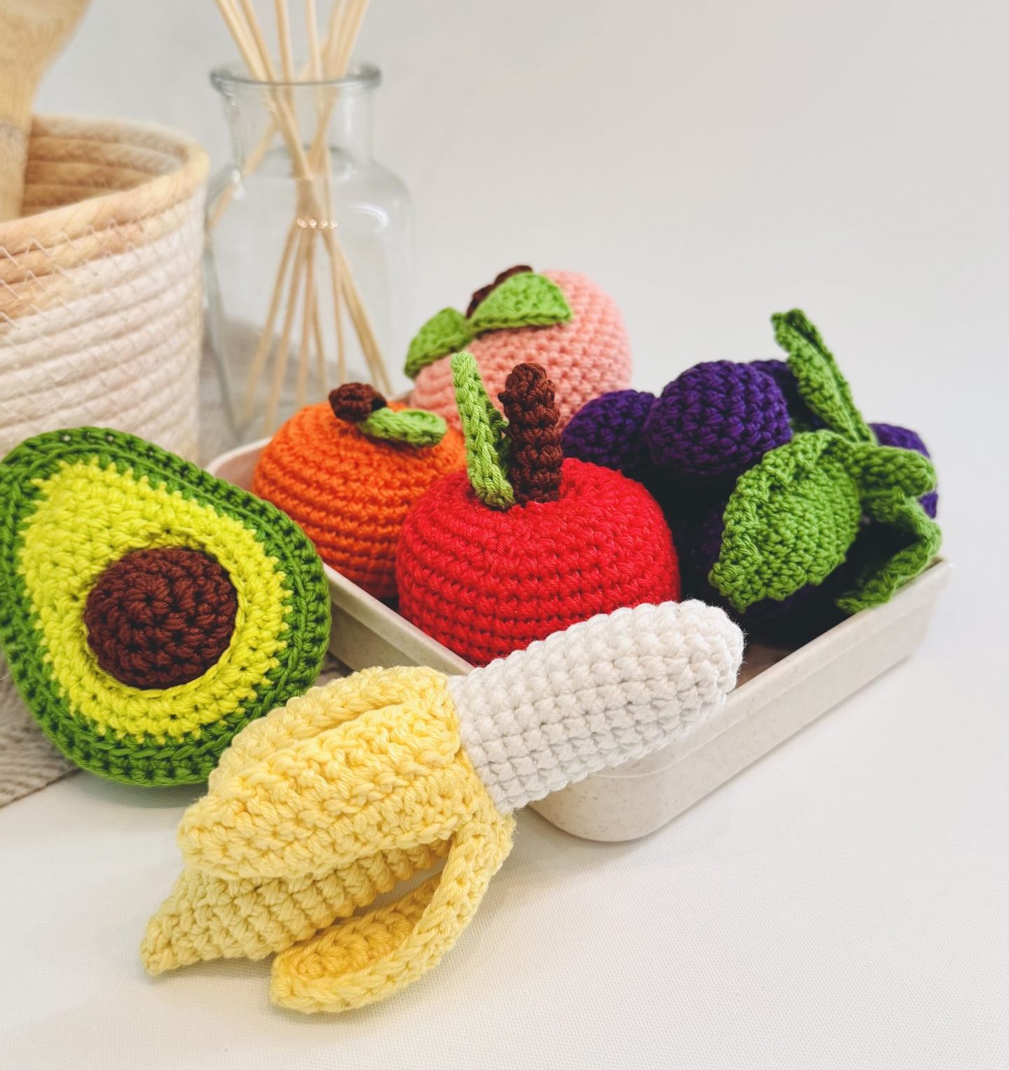 kids crochet play food juicy fruits - apple, orange, peach, avocado, grapes, banana
