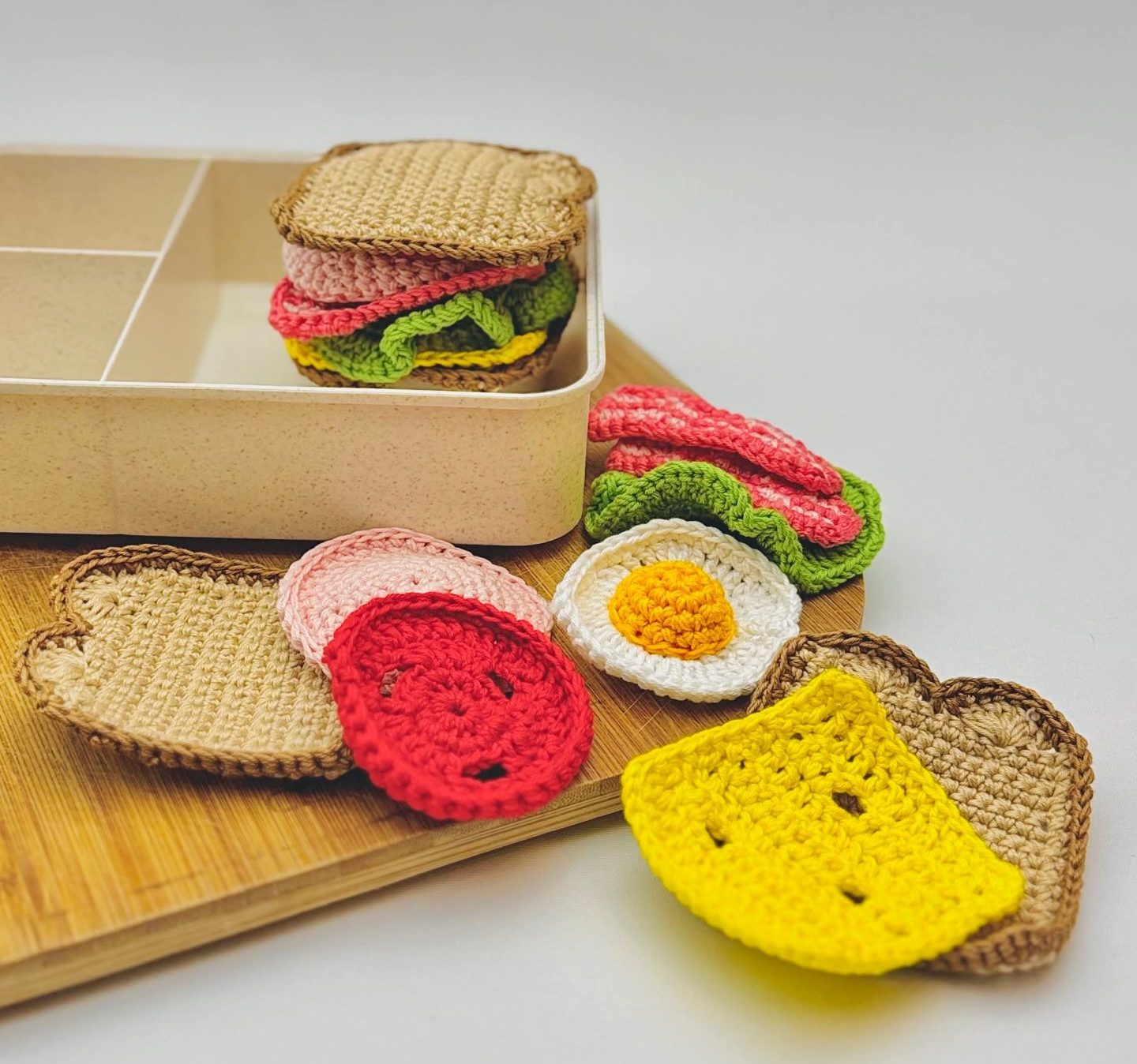 kids crochet play food sandwich breakfast - toast bread, bacon, ham, egg and lettuce