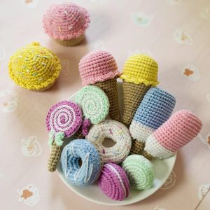 kids crochet play food sweets set - cupcake, ice cream, popsicle, donut, lollipop, macaron