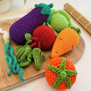 kids crochet play food veggies - eggplant, tomato, cabbage, carrot, beetroot, spring onion vegetables