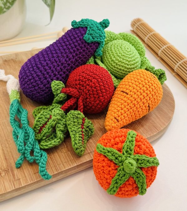 kids crochet play food veggies - eggplant, tomato, cabbage, carrot, beetroot, spring onion vegetables