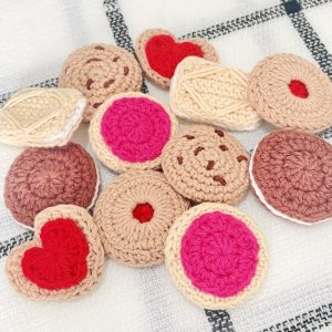 kids crochet play food cookies - choc chip, jam cookies, frosted cookie, sugar cookie, custard cookie, oreo