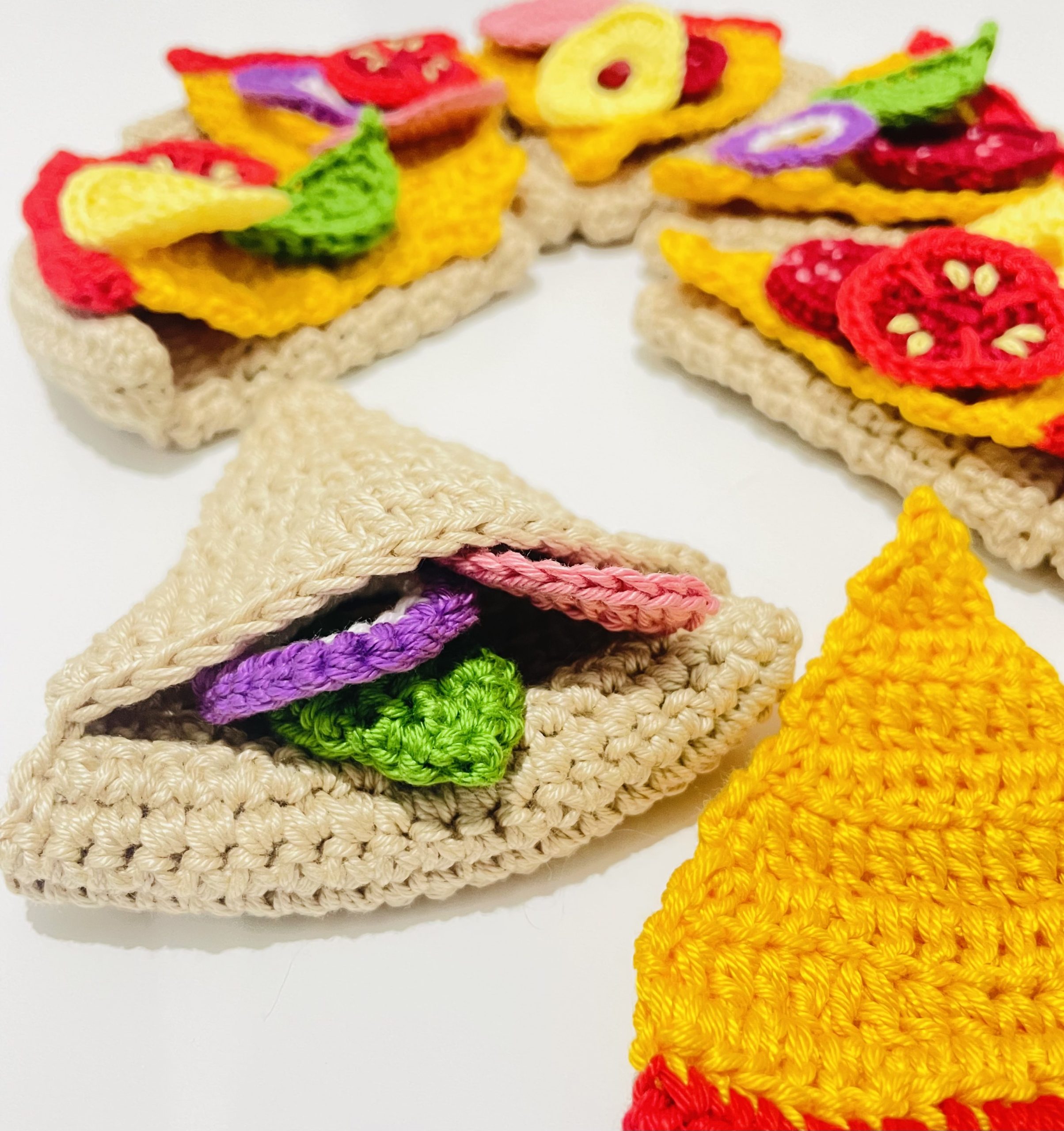 kids crochet play food pizza - pizza base, cheese, basil, ham, pepperoni, tomato, mushroom, onion, pineapple