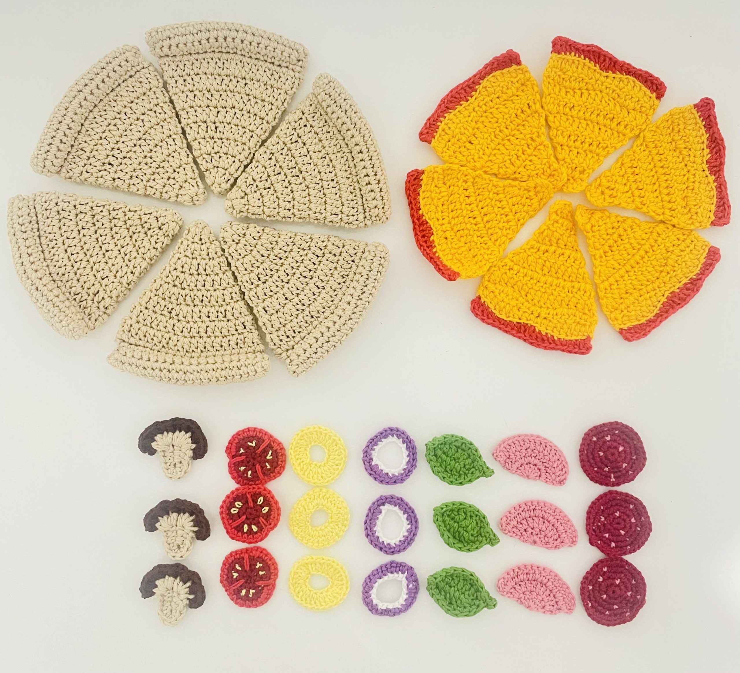kids crochet play food pizza - pizza base, cheese, basil, ham, pepperoni, tomato, mushroom, onion, pineapple