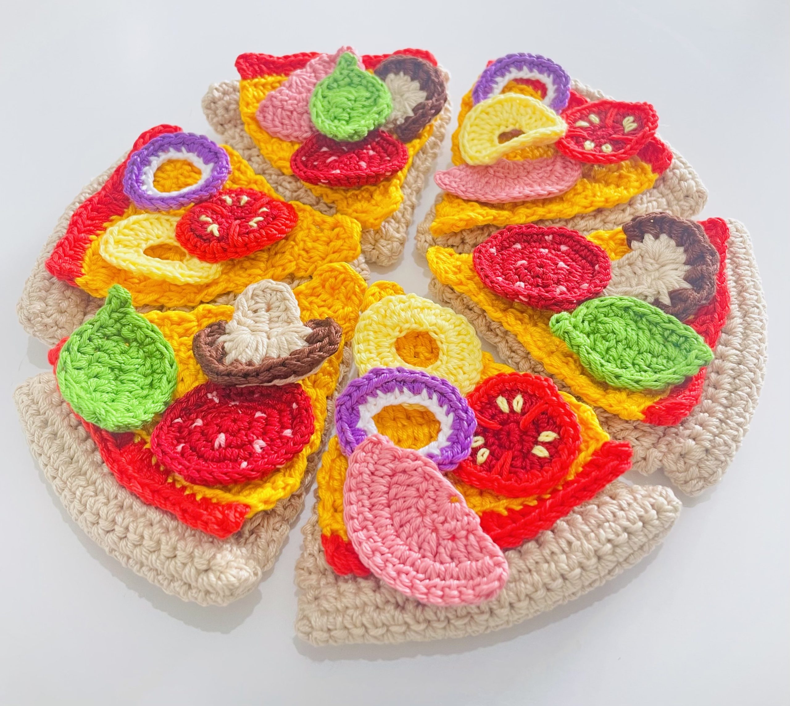 kids crochet play food pizza - pizza base, cheese, basil, ham, pepperoni, tomato, mushroom, onion, pineapple