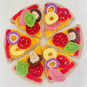 kids crochet play food pizza - pizza base, cheese, basil, ham, pepperoni, tomato, mushroom, onion, pineapple