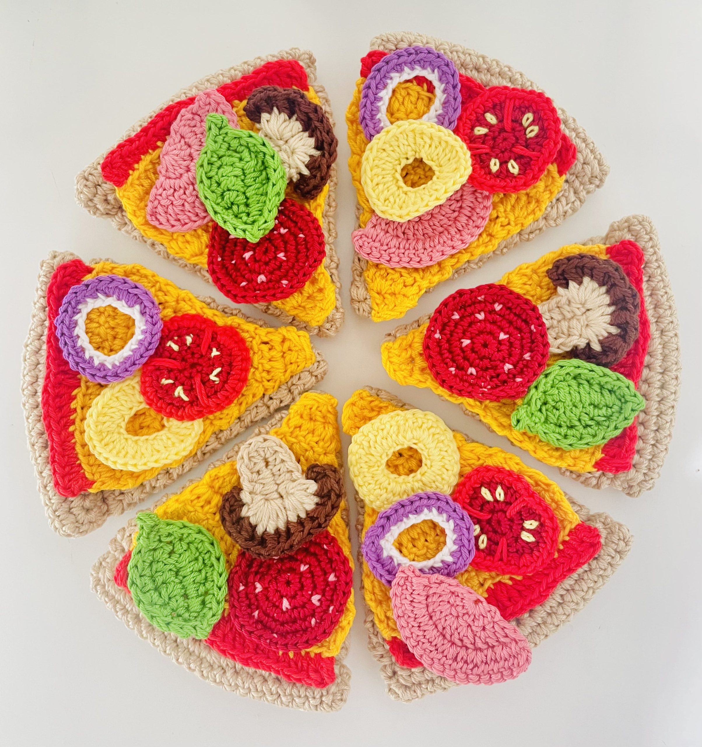 kids crochet play food pizza - pizza base, cheese, basil, ham, pepperoni, tomato, mushroom, onion, pineapple