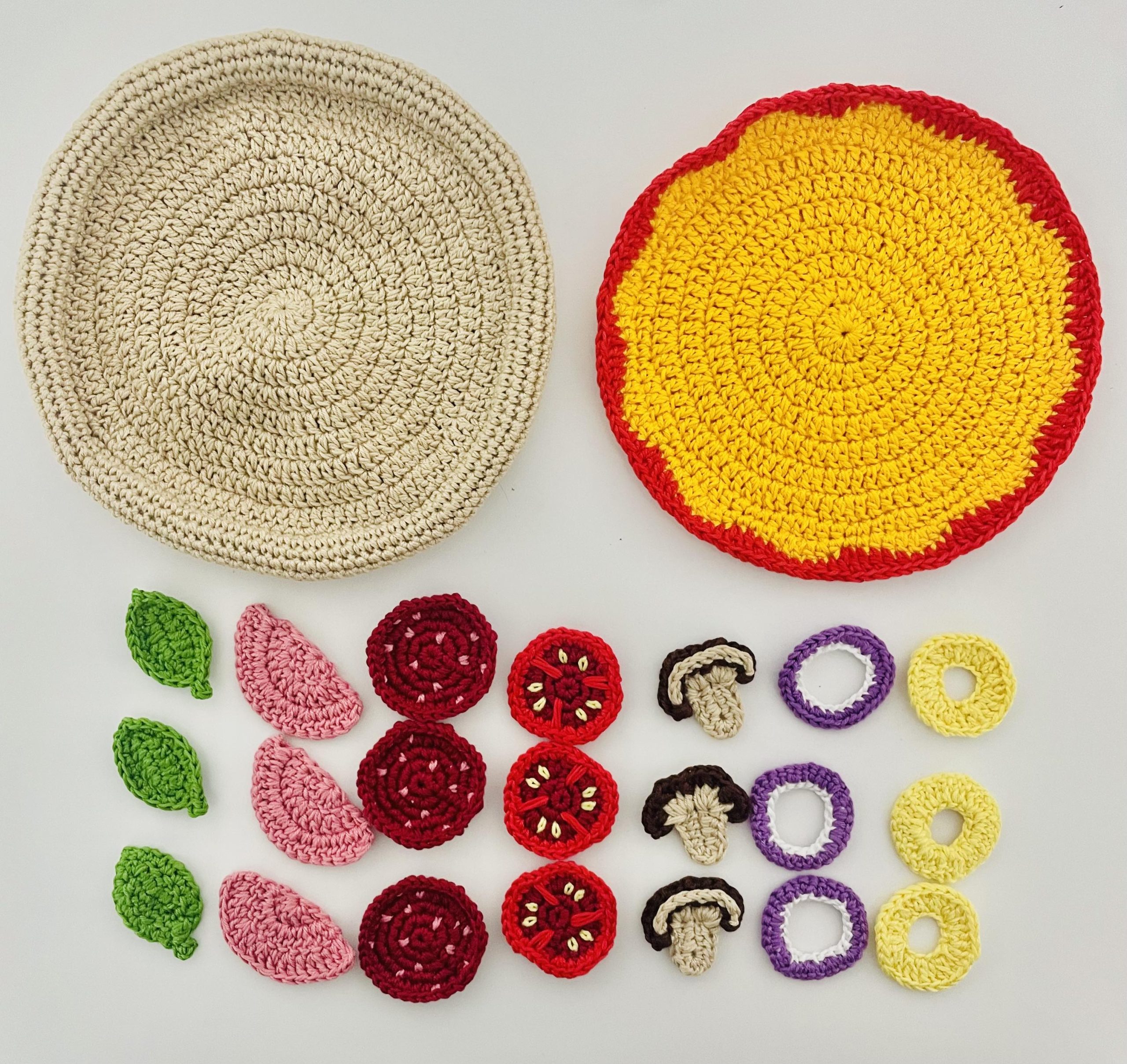 kids crochet play food pizza - pizza base, cheese, basil, ham, pepperoni, tomato, mushroom, onion, pineapple