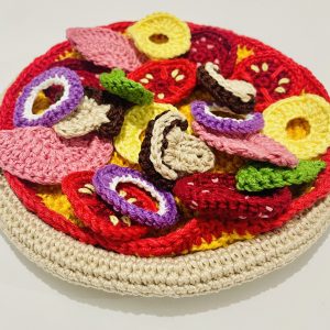 kids crochet play food pizza - pizza base, cheese, basil, ham, pepperoni, tomato, mushroom, onion, pineapple