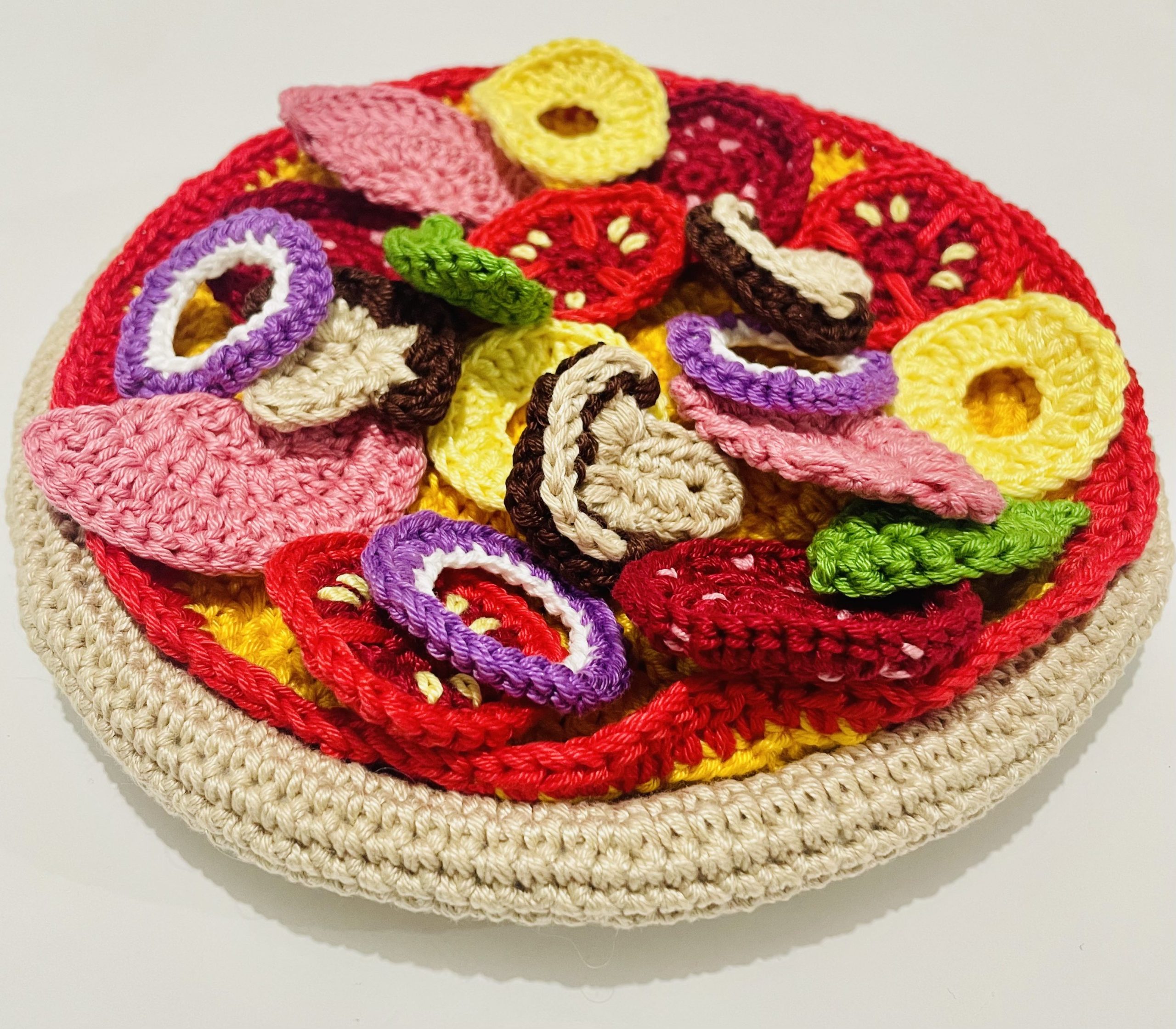kids crochet play food pizza - pizza base, cheese, basil, ham, pepperoni, tomato, mushroom, onion, pineapple