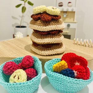 chocolate pancake set - pancakes, butter, cream, strawberry slice, blueberry, raspberry, banana slice, cups